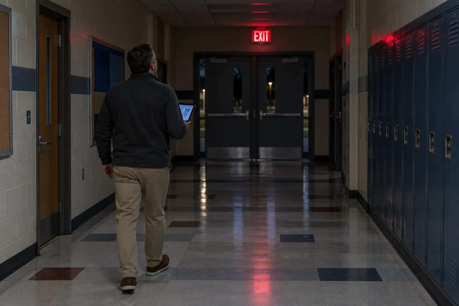 A facility manager with a tablet looking up at a lit red exit sign over double doors in a dim school corridor.