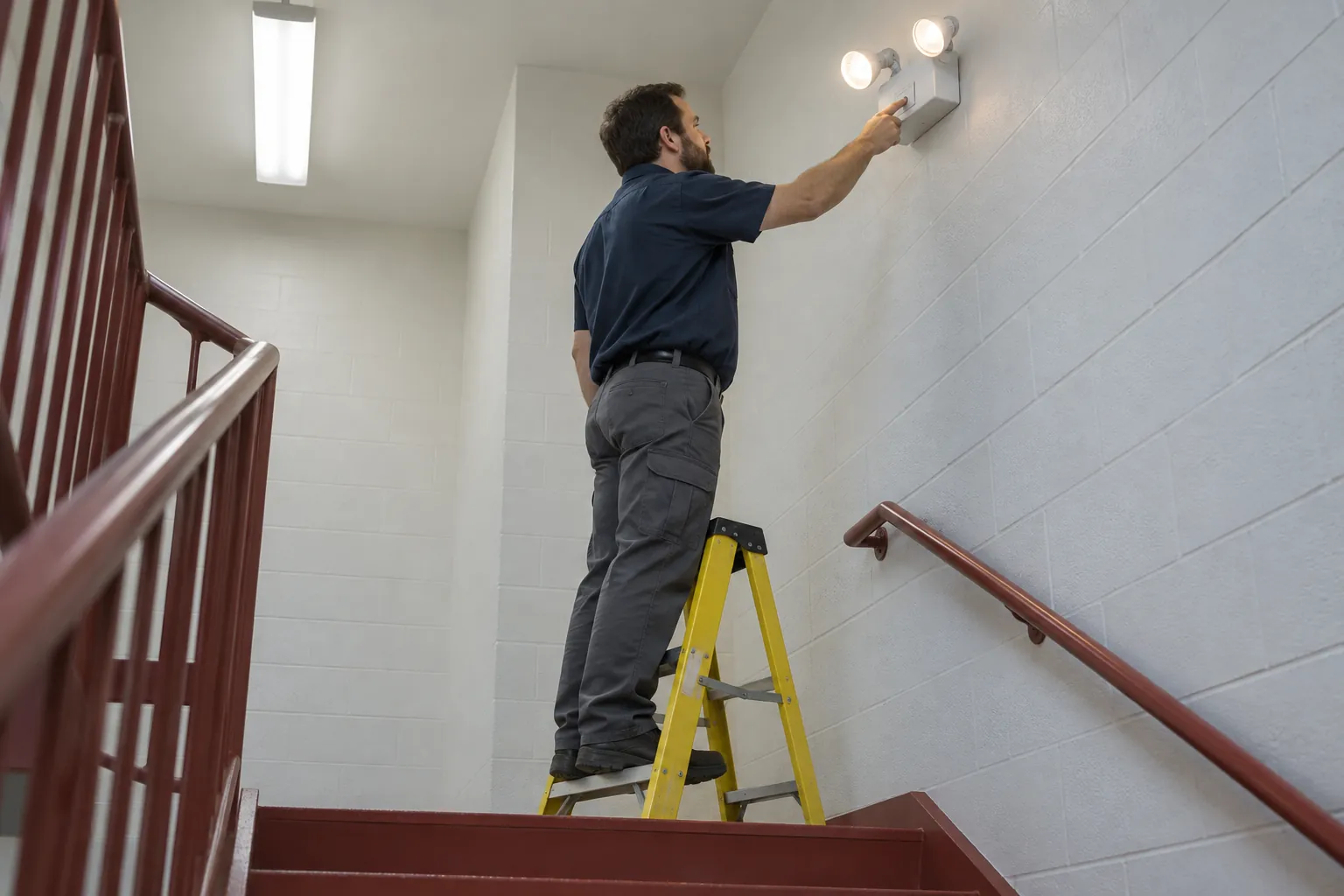 A maintenance technician on a step ladder in an office stairwell holding the test button on a lit twin-head emergency light.