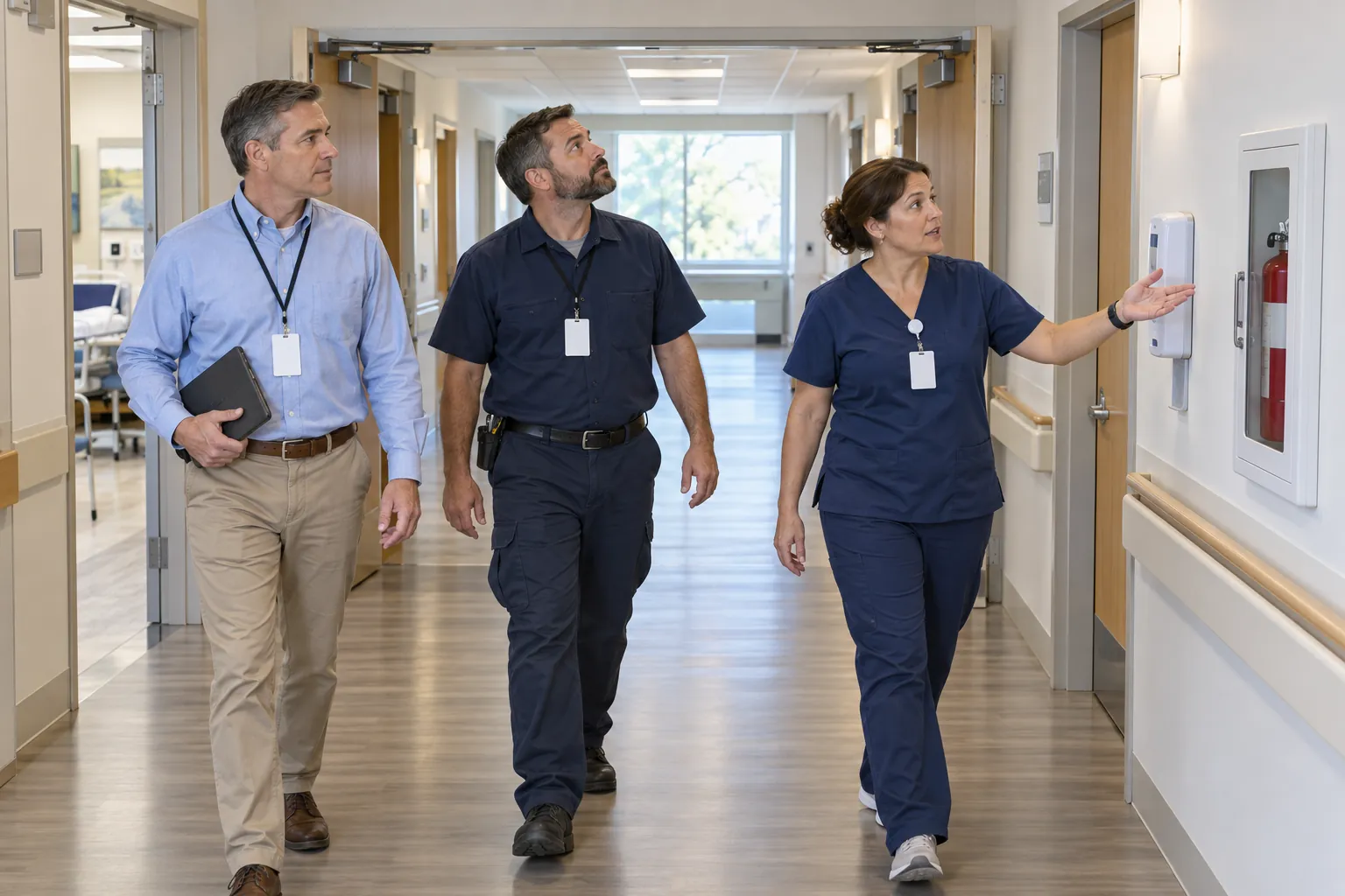 Three hospital staff walking a bright corridor together, one of them looking up at a fire door closer.