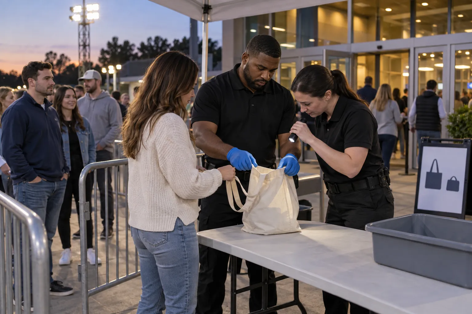 Event security officers searching a bag at a folding table outside an arena entrance while a line waits behind steel barriers.