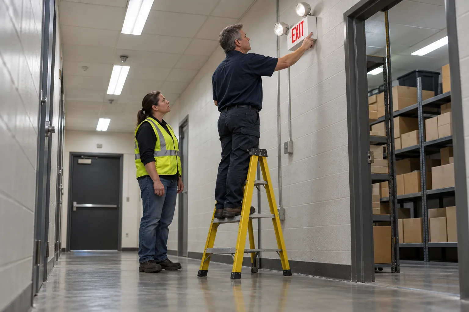 A building engineer on a stepladder pressing the test button on an exit sign in a back-of-house corridor while a colleague watches.