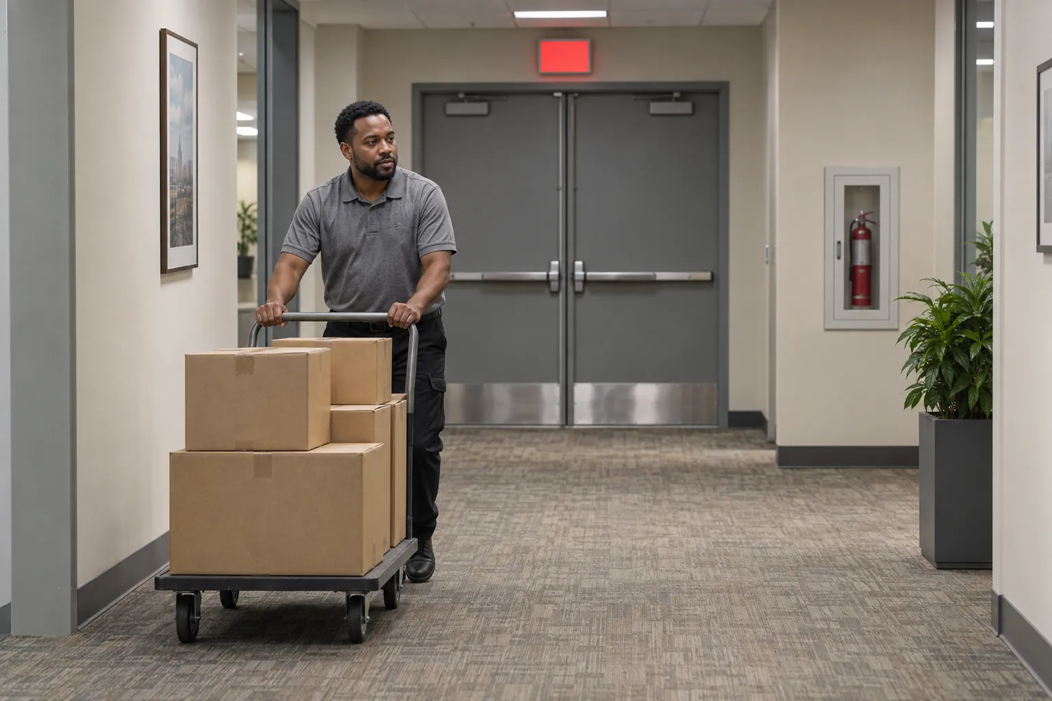 A day porter wheeling a cart of boxes away from a pair of steel exit doors under a red exit sign in an office corridor.