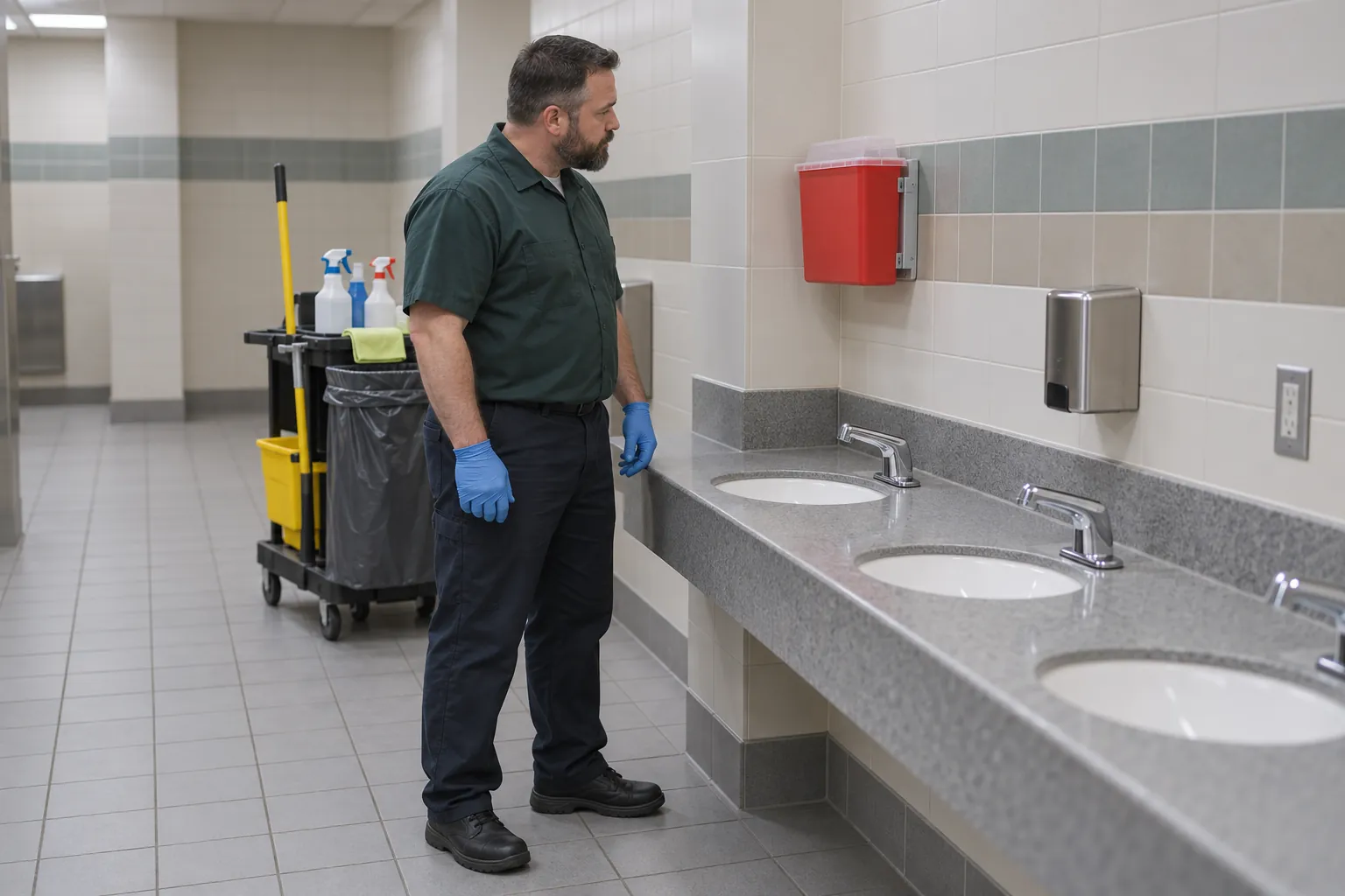 A custodian in gloves checking a red wall-mounted sharps container beside restroom sinks, with a custodial cart behind him.