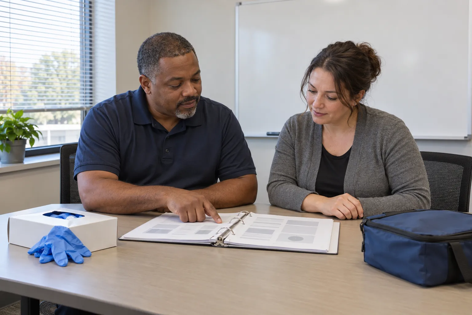 A custodial supervisor and a safety coordinator reading an open binder together at a training room table, with a box of gloves beside it.
