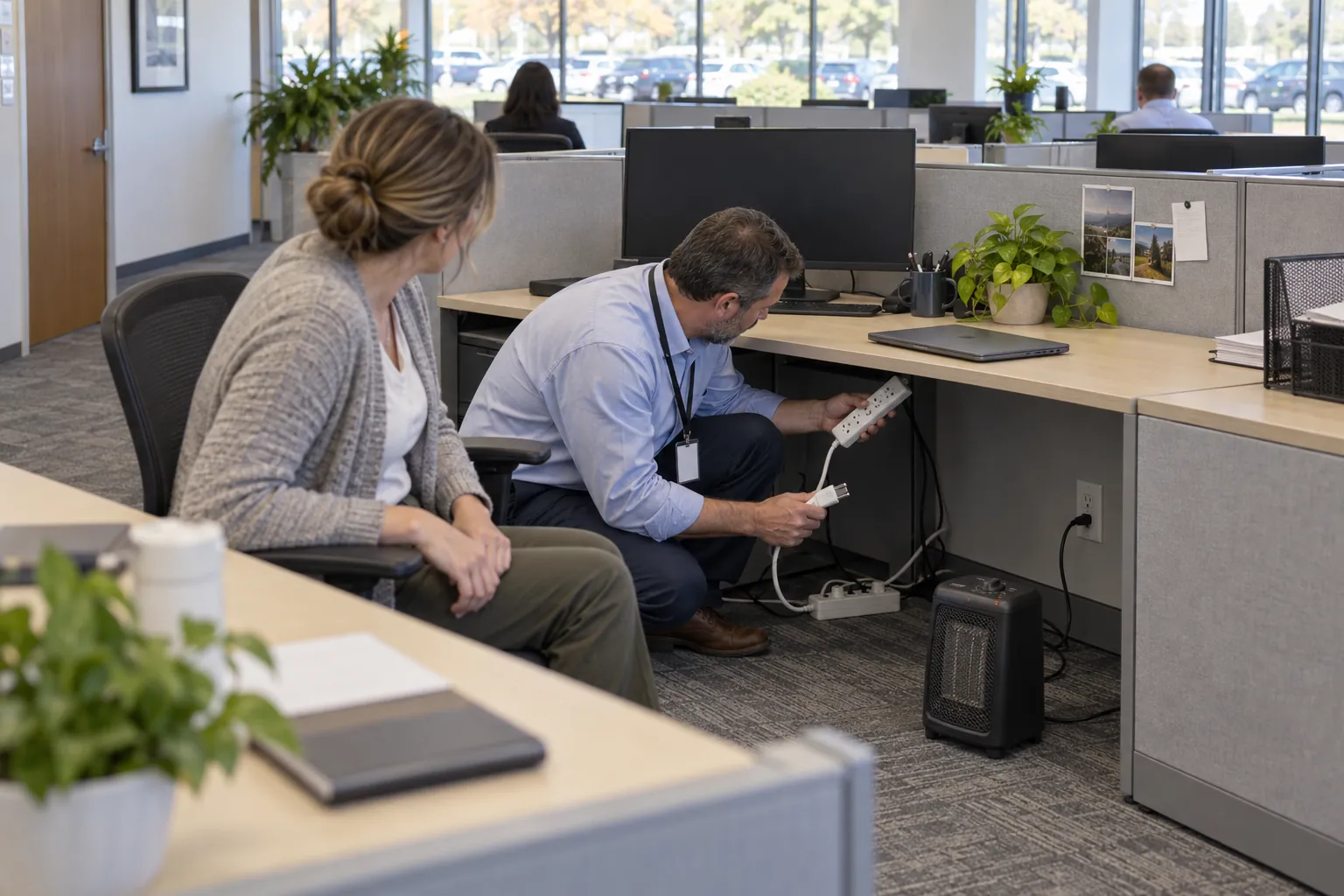 A facility manager crouching under an office desk and unplugging a power strip beside a small space heater while a colleague watches.