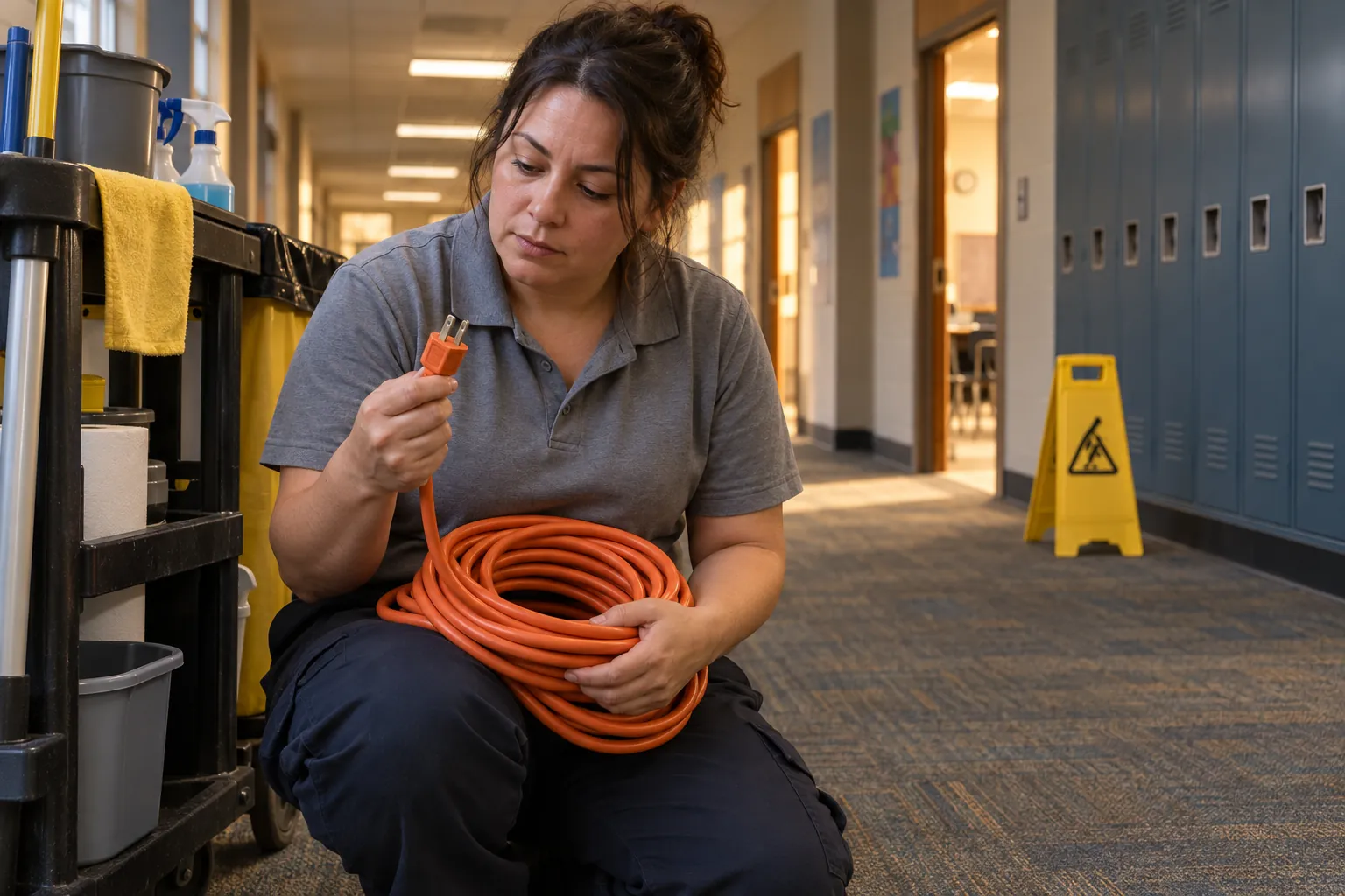 A school custodian kneeling beside a cleaning cart and inspecting the plug of a coiled orange extension cord in a corridor lined with lockers.