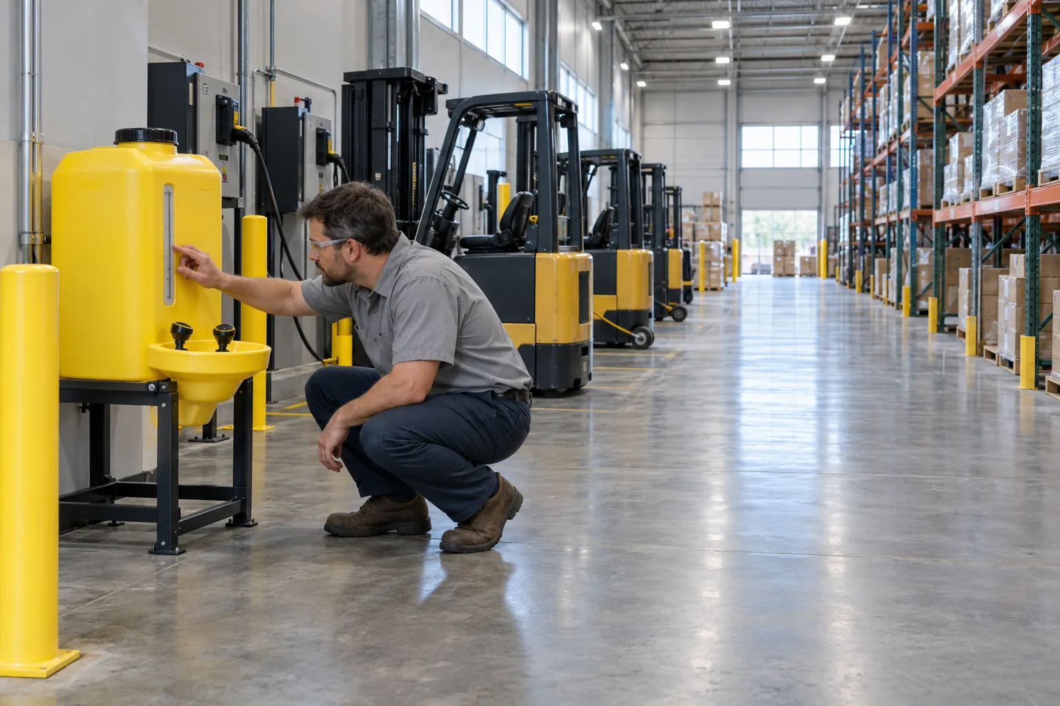 A building engineer checking the fluid level of a self-contained eyewash station beside a forklift battery charging area in a warehouse.