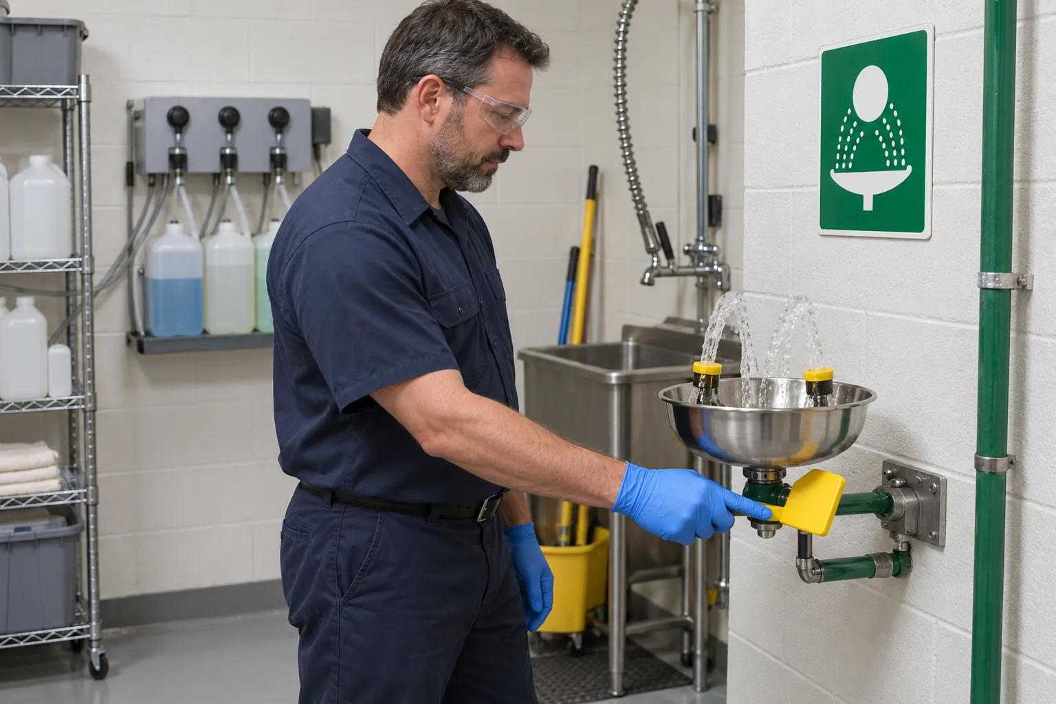 A school custodian pressing the paddle of a wall-mounted eyewash as two streams of water rise into the bowl in a chemical dispensing room.