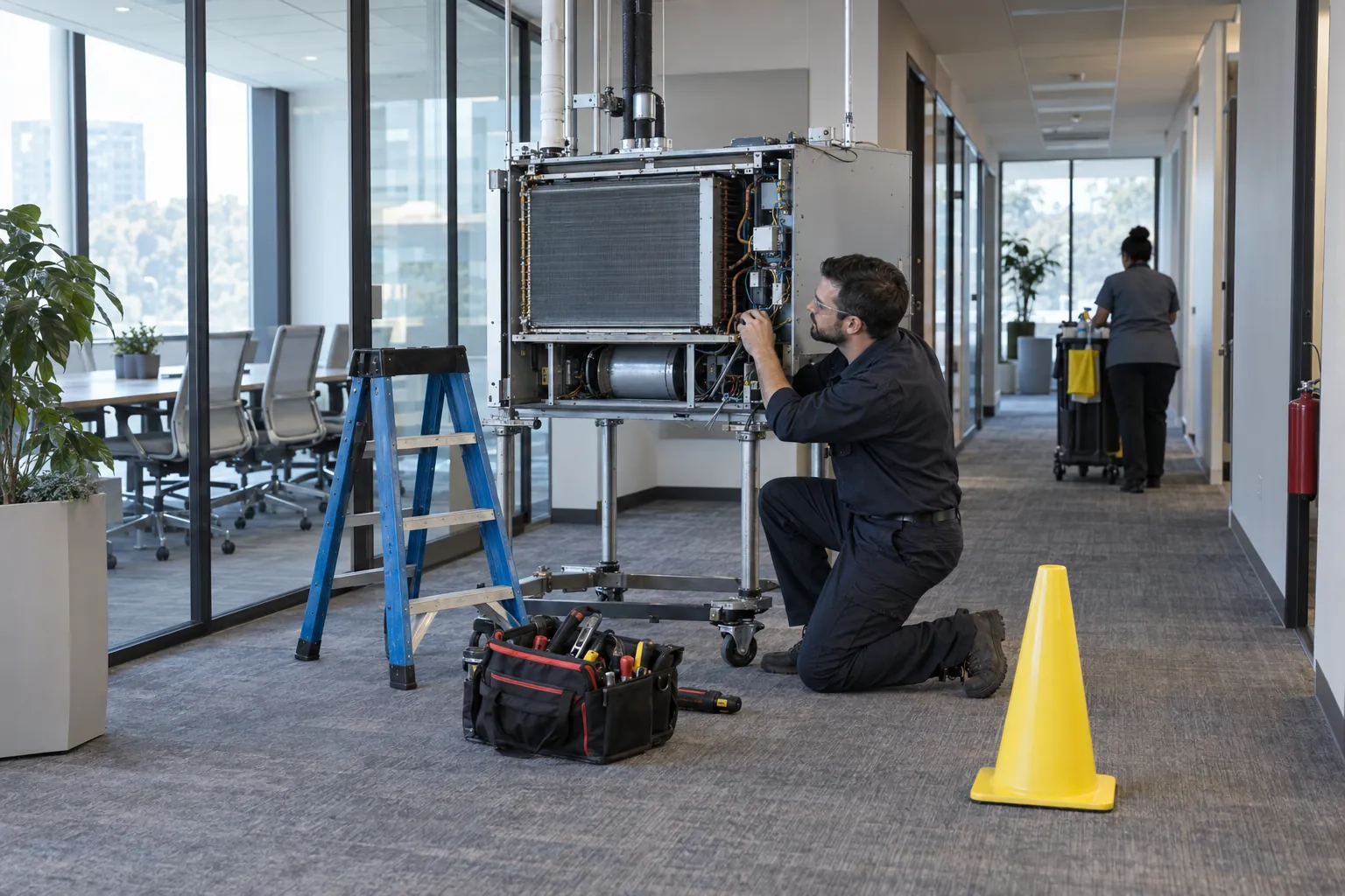 An HVAC technician kneeling at an open equipment panel in an office corridor beside a step ladder and tool bag, a custodian with a cart passing behind.