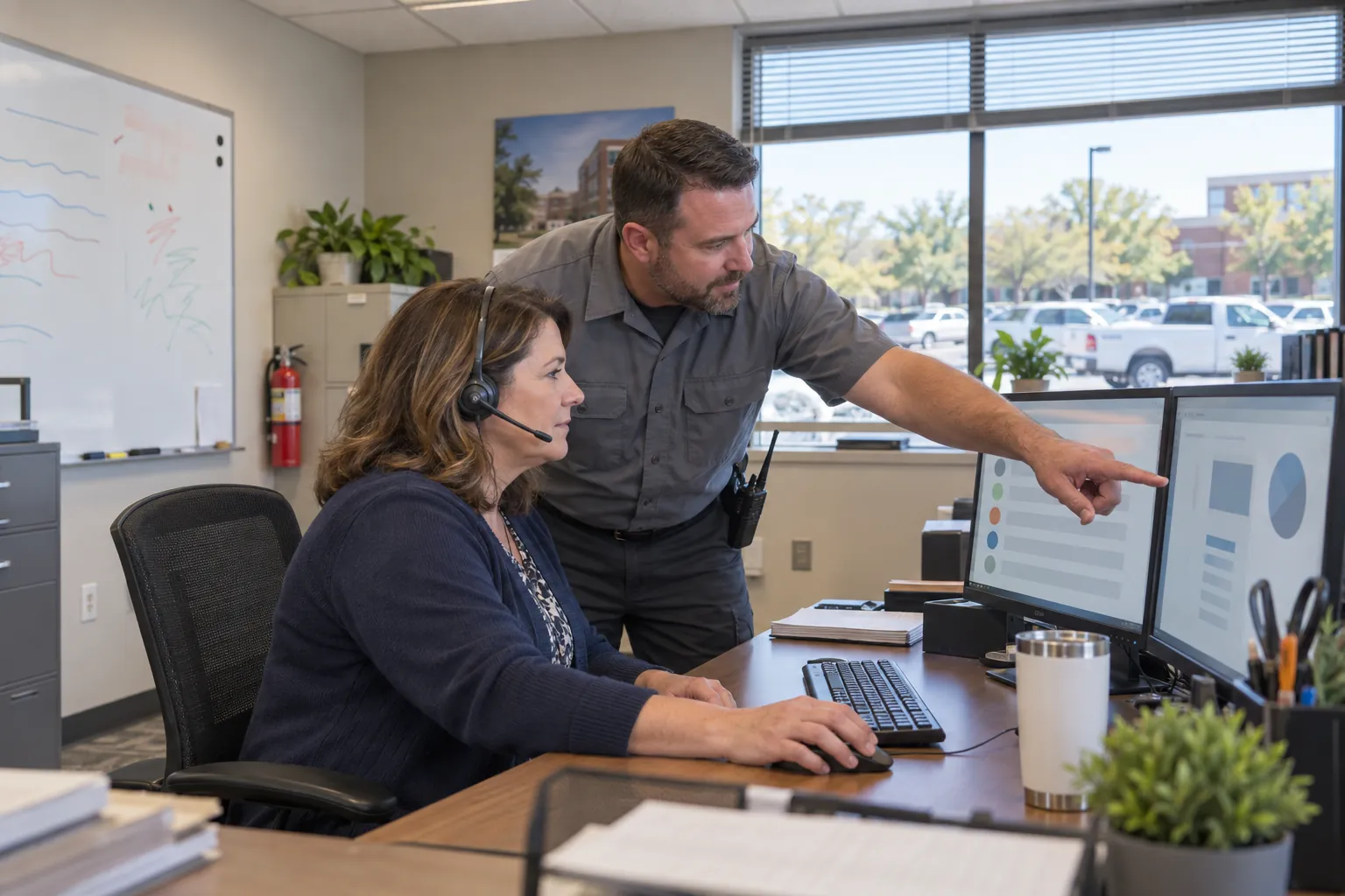 A facilities help desk coordinator in a headset at two monitors, with a building engineer leaning in to point at one screen in a campus facilities office.