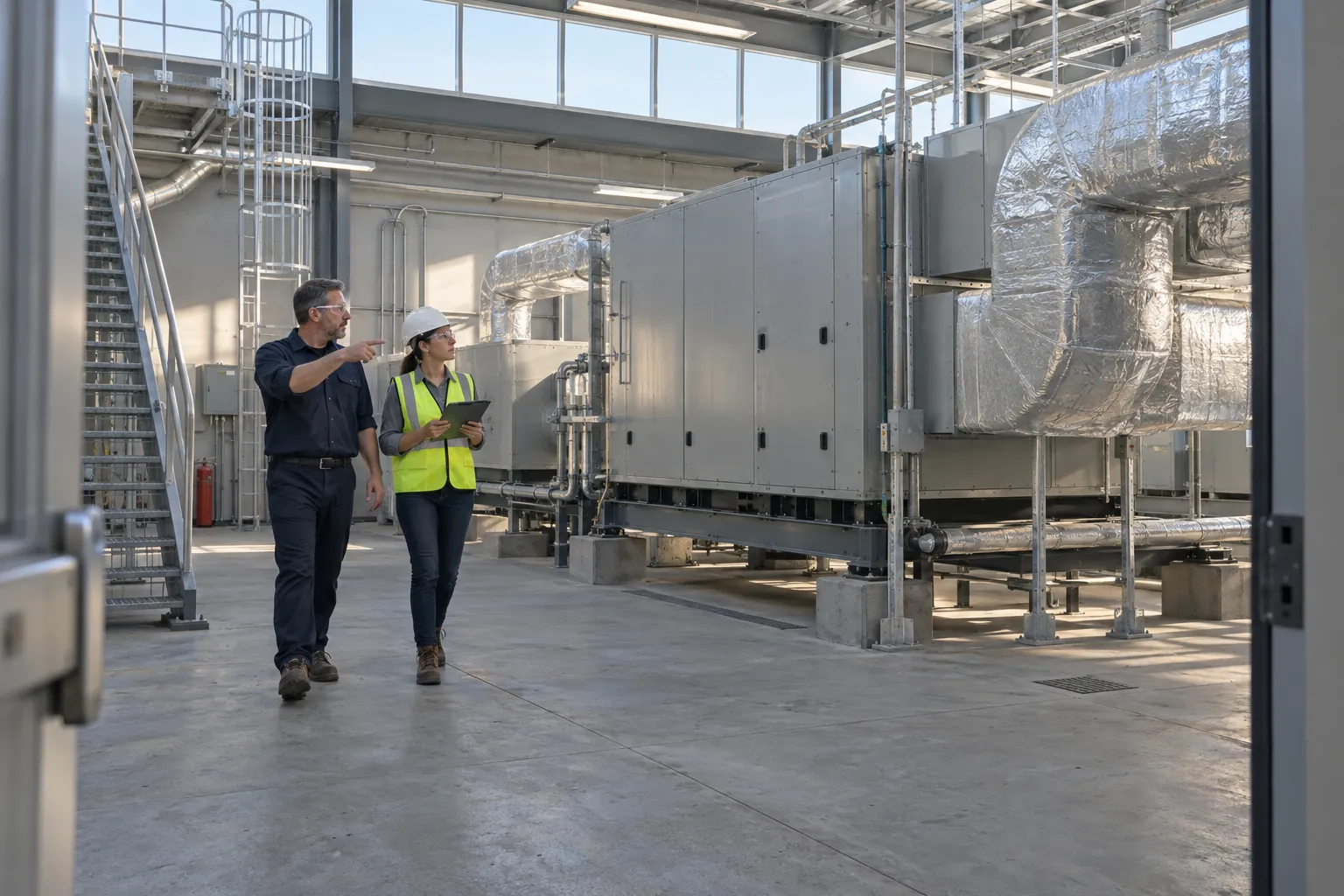 A building engineer and a colleague with a tablet inspecting air handling equipment in a rooftop mechanical room.