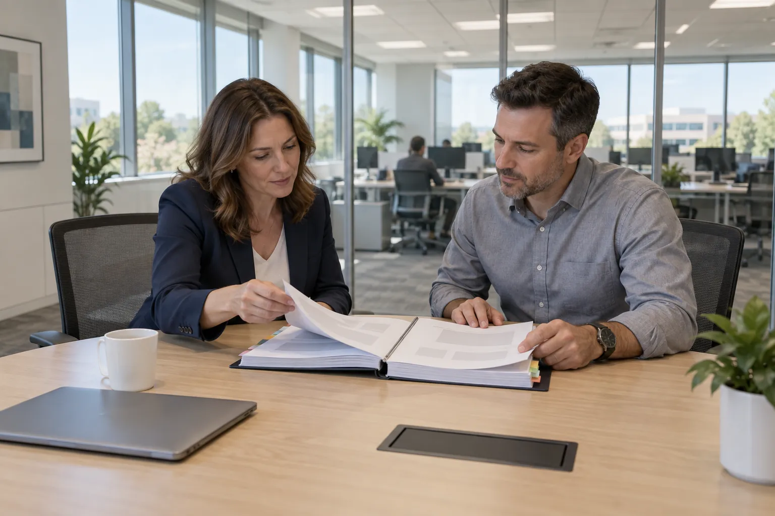 A facility manager and a provider's account manager reviewing a bound service agreement across a conference-room table.