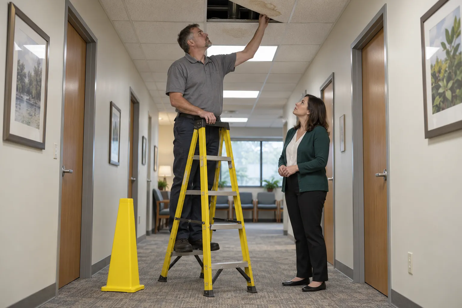 A custodial crew lead on a stepladder lifting a stained ceiling tile while a clinic manager looks up beside a caution cone.