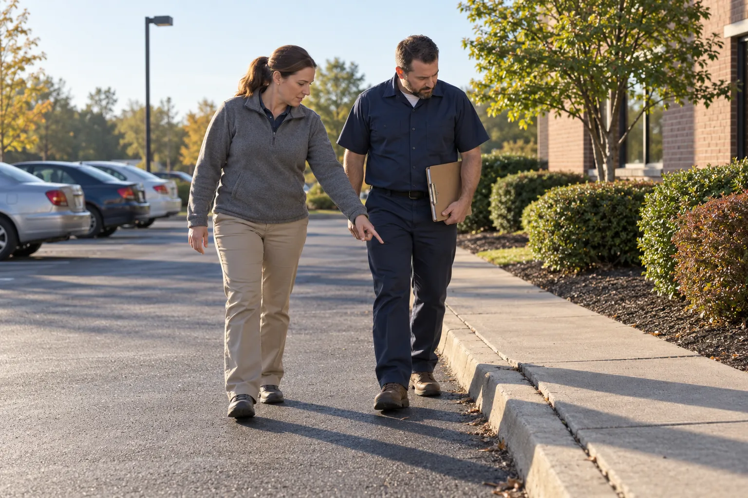A facility manager pointing out a cracked curb to a building engineer in an office parking lot on a sunny morning.