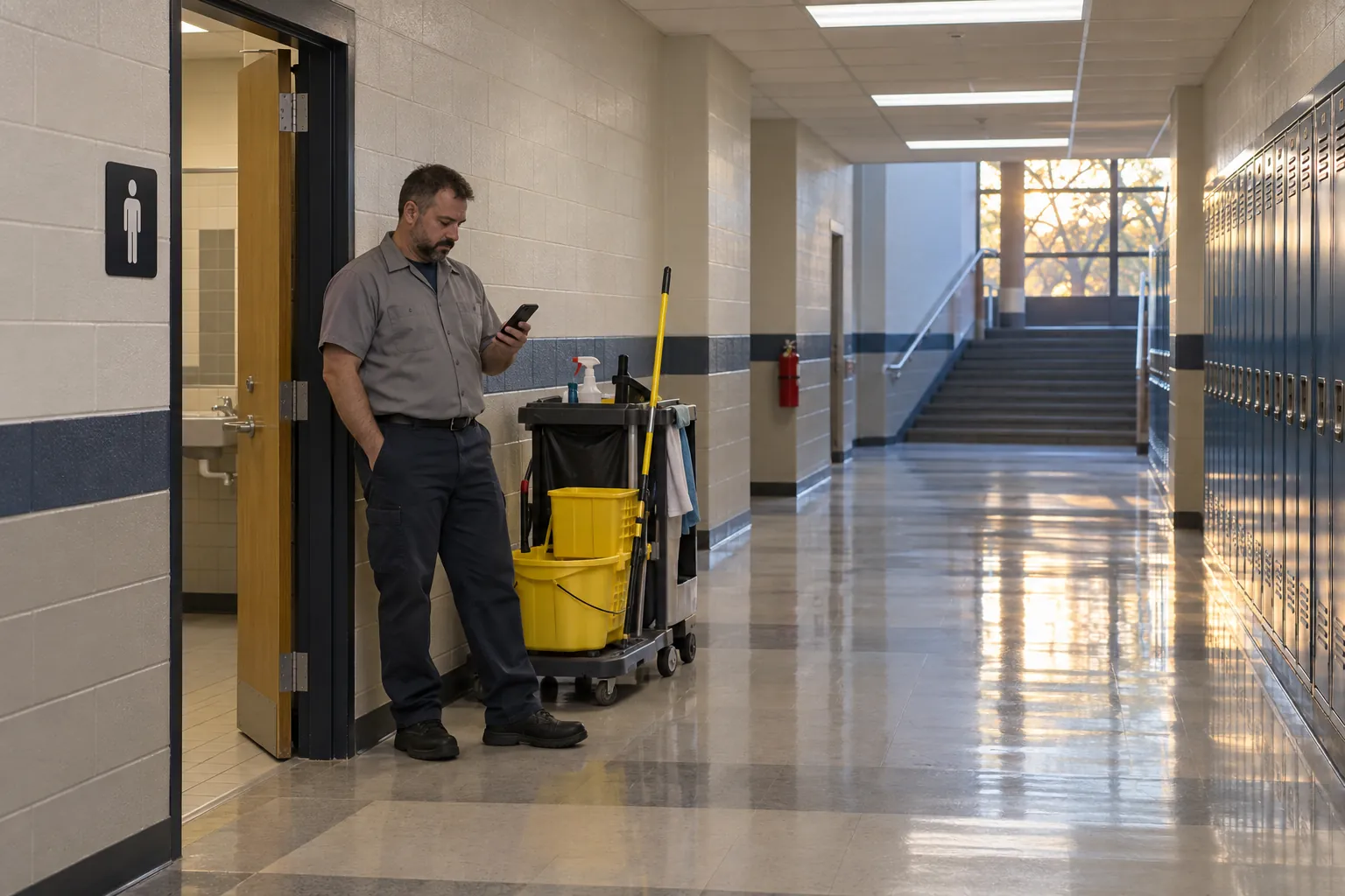 A custodian with a phone and a janitor cart outside a restroom in a school corridor lined with lockers.