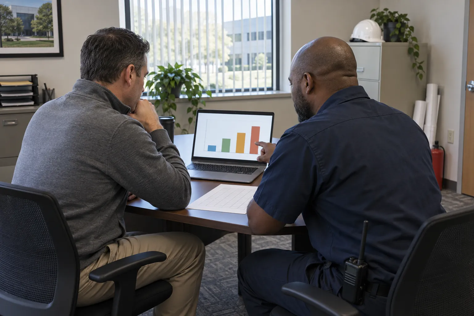 A facility manager and a building engineer reviewing bar charts on a laptop in a facilities office.