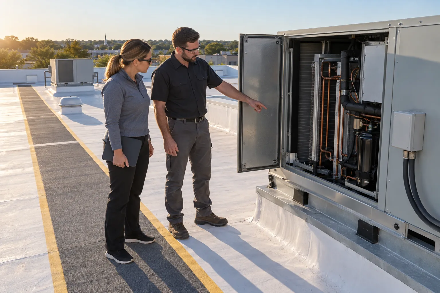 A building engineer showing a facility manager an open panel on a rooftop HVAC unit on a flat commercial roof.