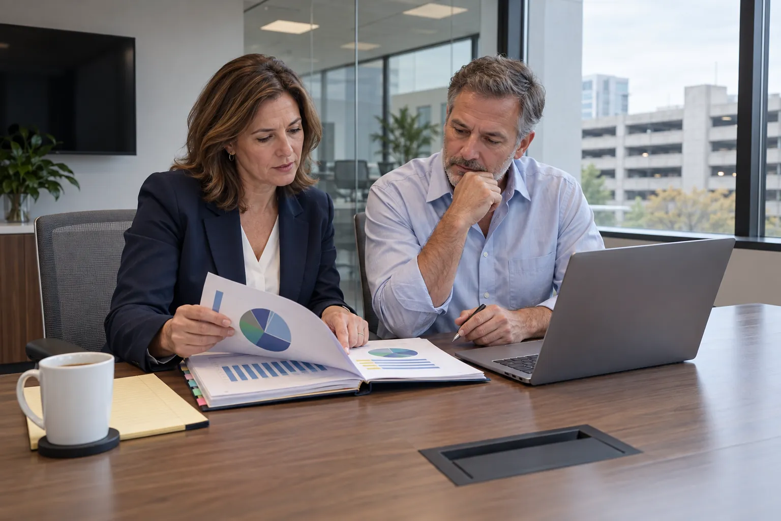 A facility manager and an owner's representative going through a printed monthly report at a conference table in an office building.