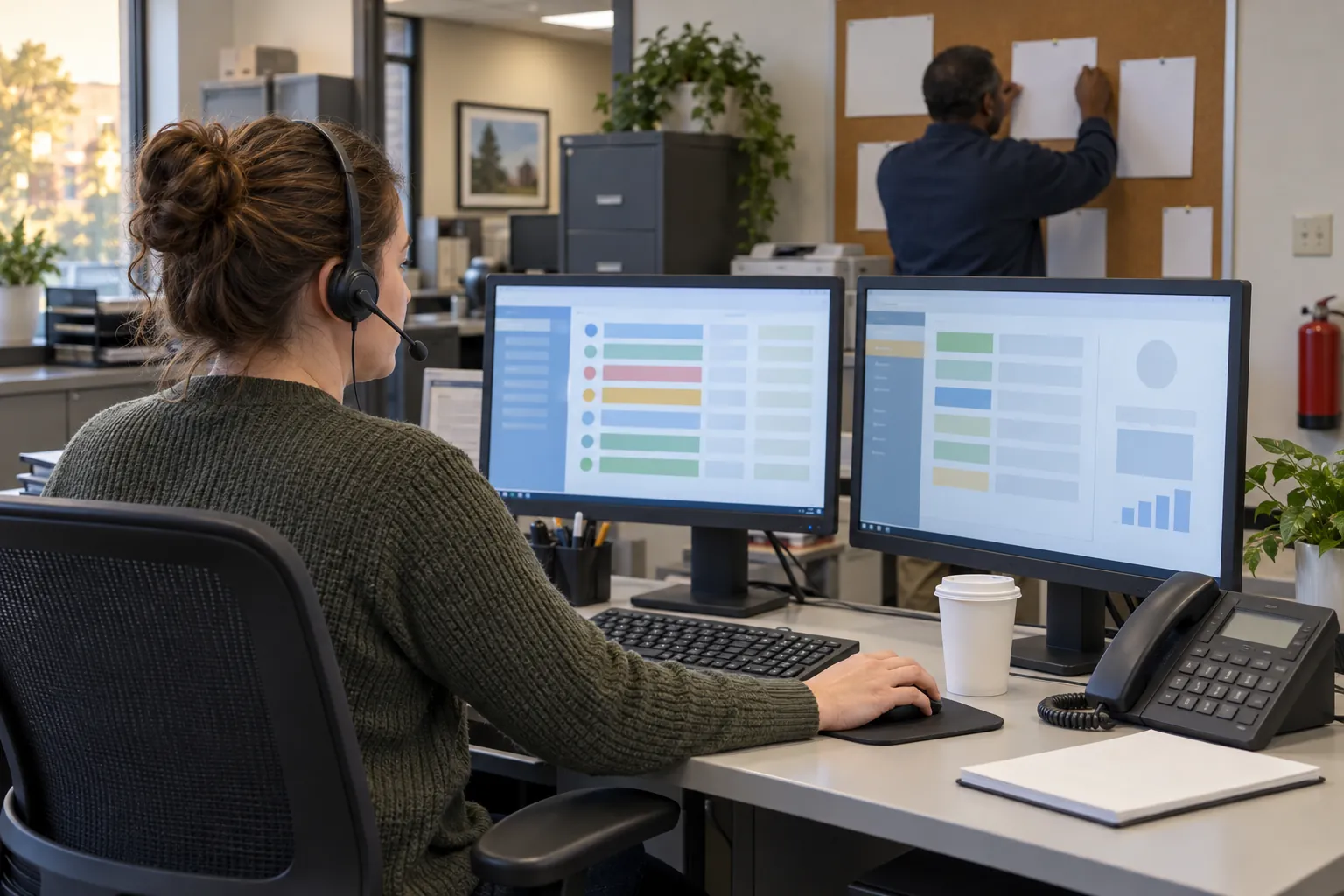 A help desk coordinator wearing a headset looking at two monitors in a facilities office.