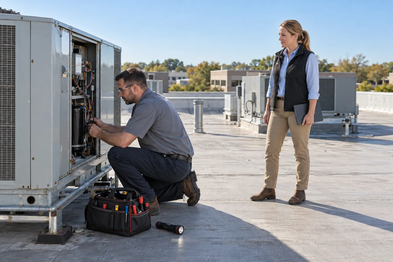An HVAC technician working on a rooftop unit while a facility manager with a tablet looks on.