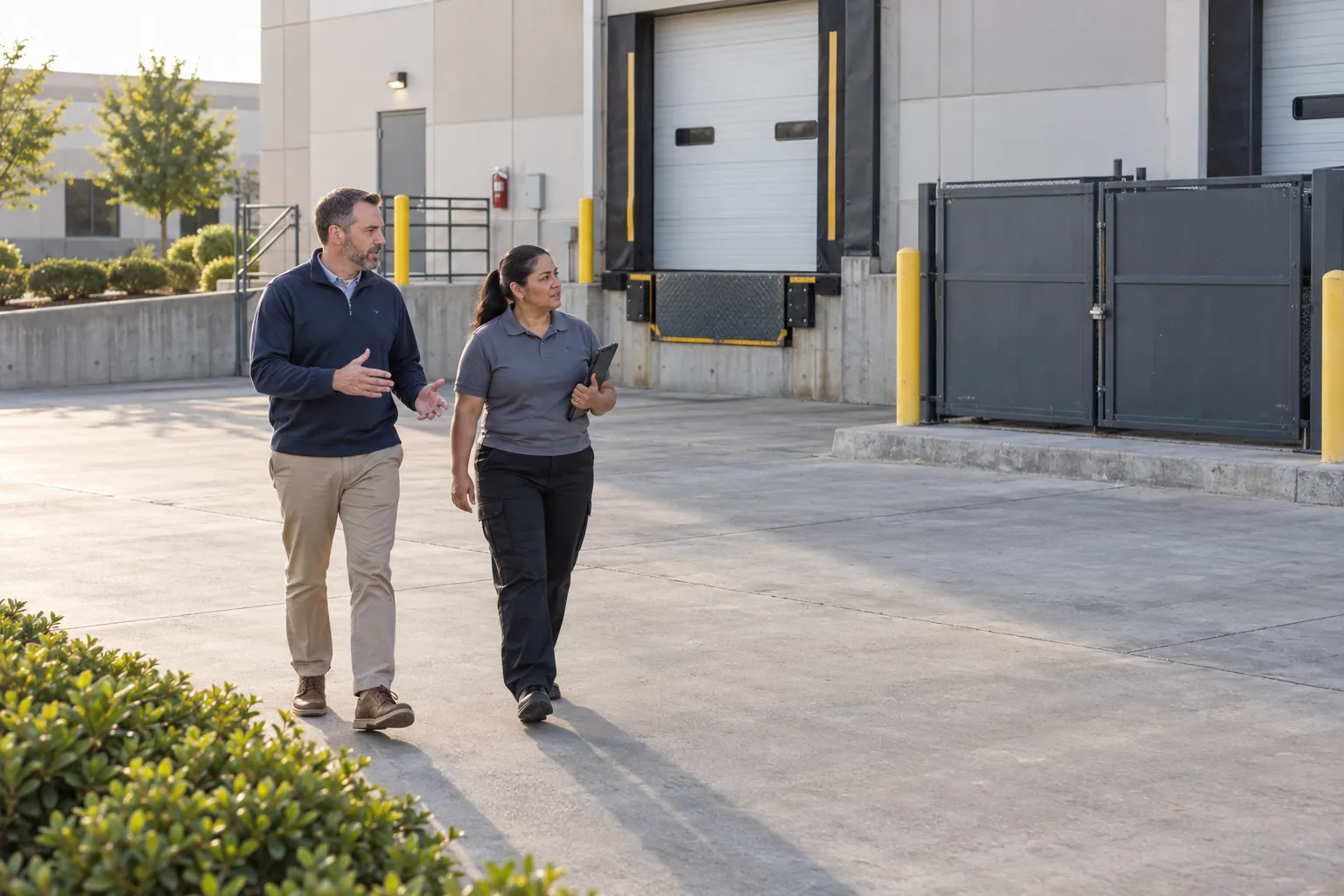 A facility manager and a janitorial supervisor walking along the loading dock at the back of a low-rise office building in the morning.