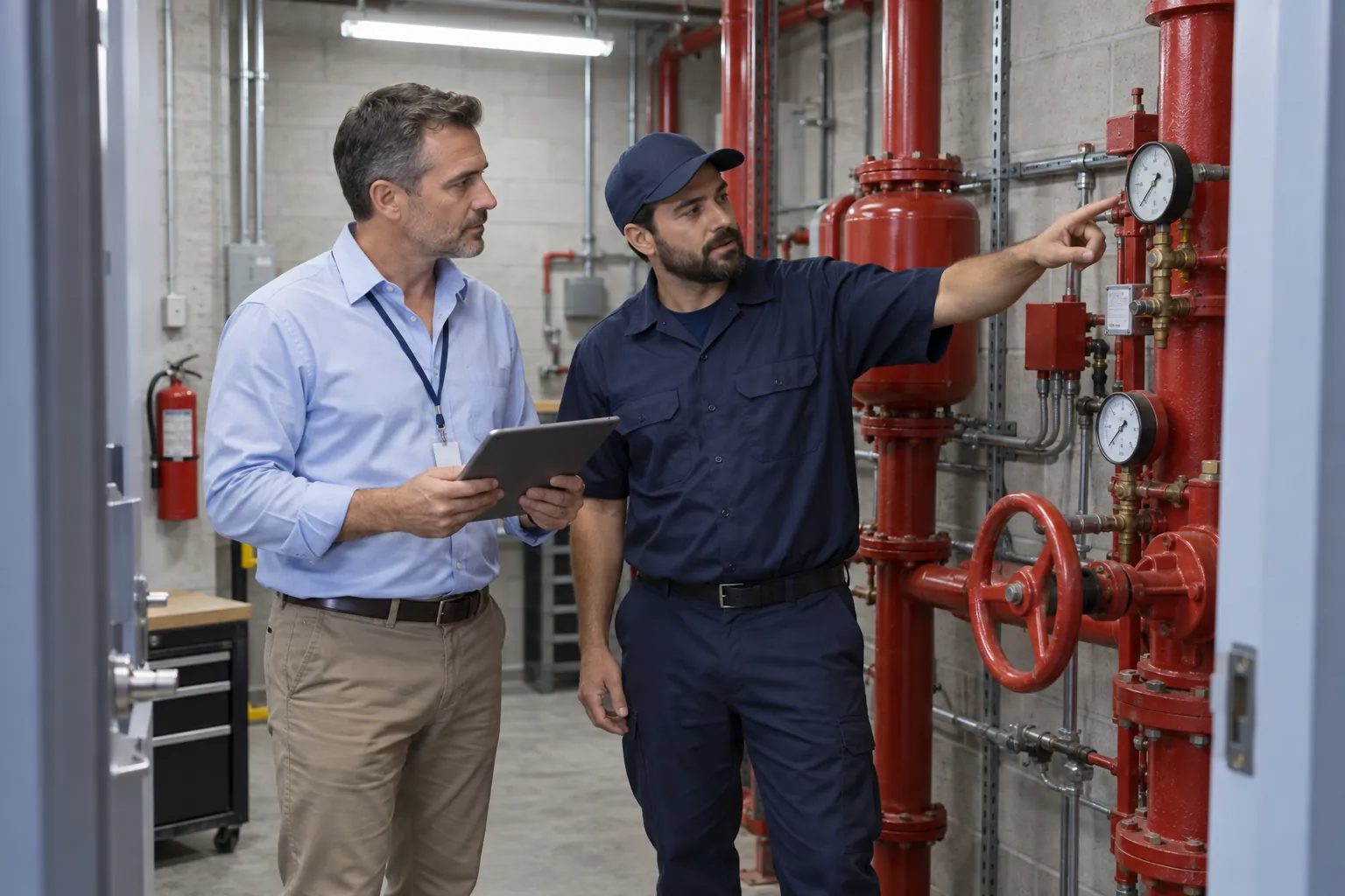 A facility manager with a tablet and a maintenance technician looking at red sprinkler riser pipes and gauges in a building's riser room.
