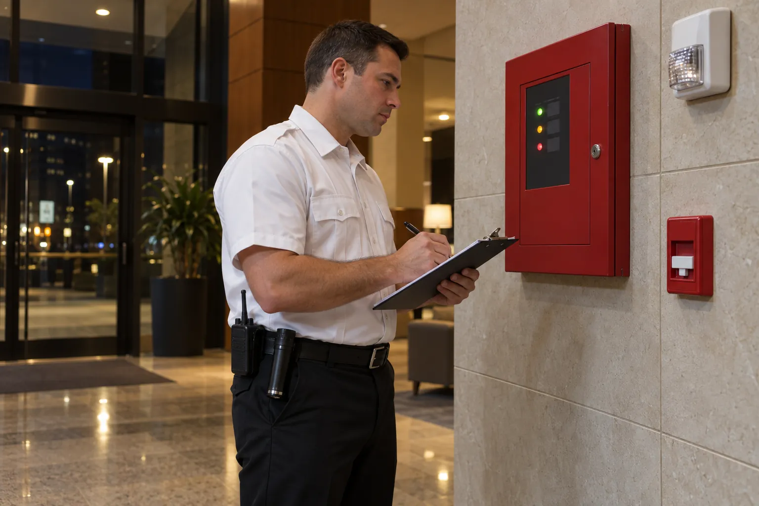 A security officer checking the status lights on a red fire alarm panel in an office lobby and noting them on a clipboard.