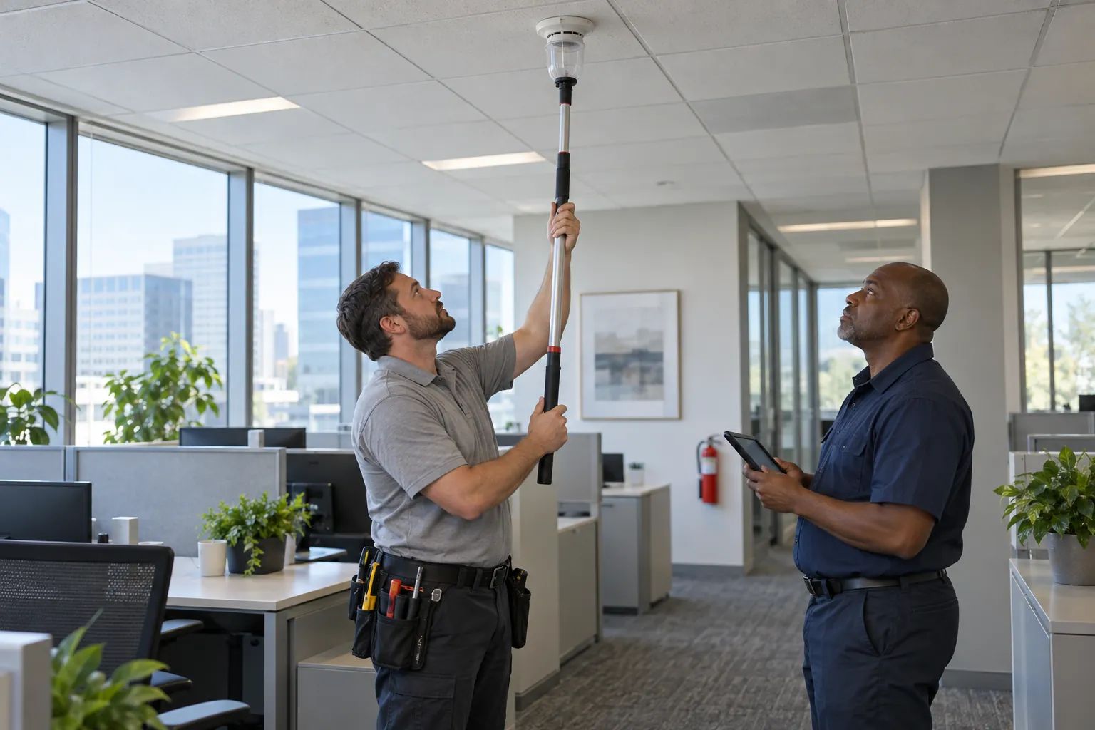 A technician raising a test pole to a ceiling smoke detector while a building engineer watches in an open-plan office.