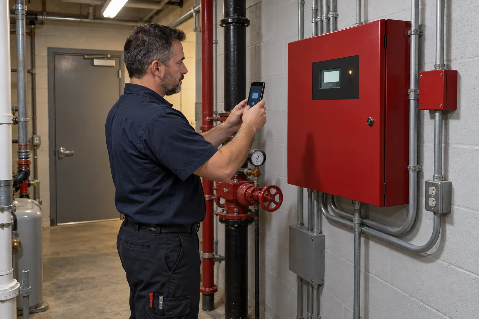 A building engineer in a basement riser room looking at a fire alarm panel with one amber light lit, phone in hand.