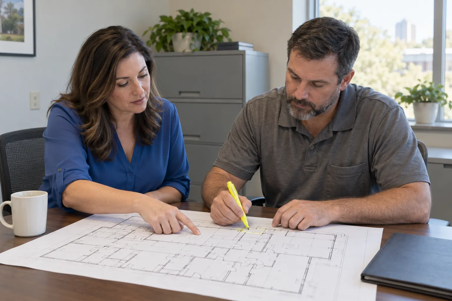 A facility manager and a building engineer marking a printed floor plan together at a table in a facilities office.