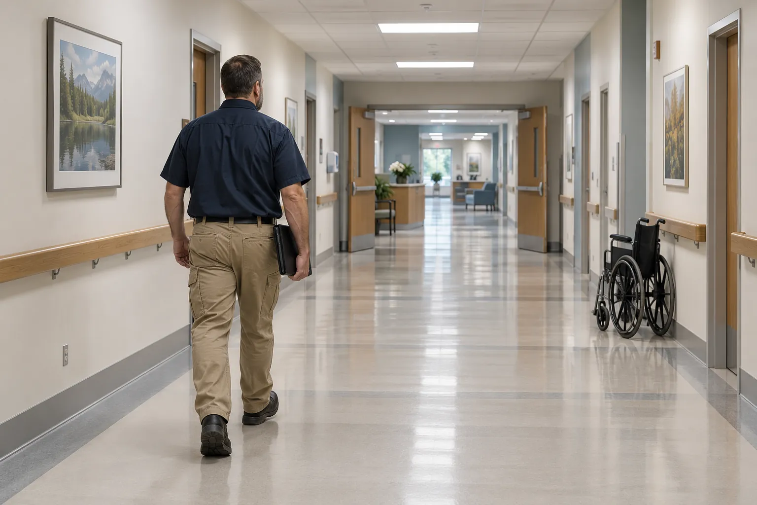 A maintenance technician walking down a bright hospital corridor toward a pair of open cross-corridor doors.