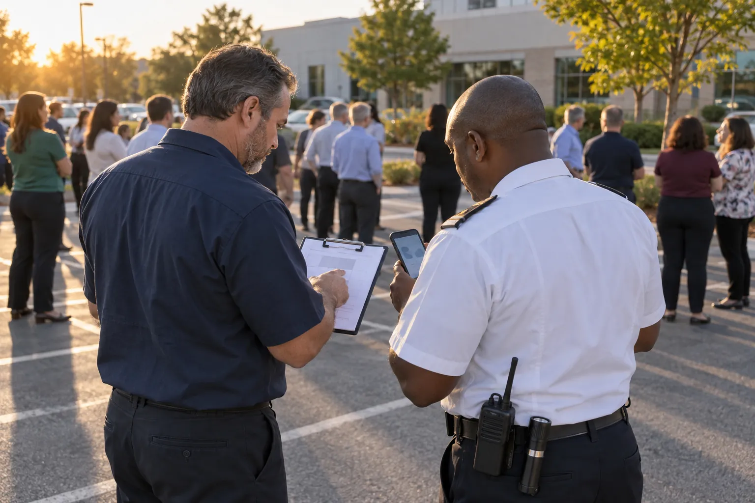 A building engineer and a security officer checking a clipboard and a phone at an outdoor assembly area while staff wait behind them after a drill.