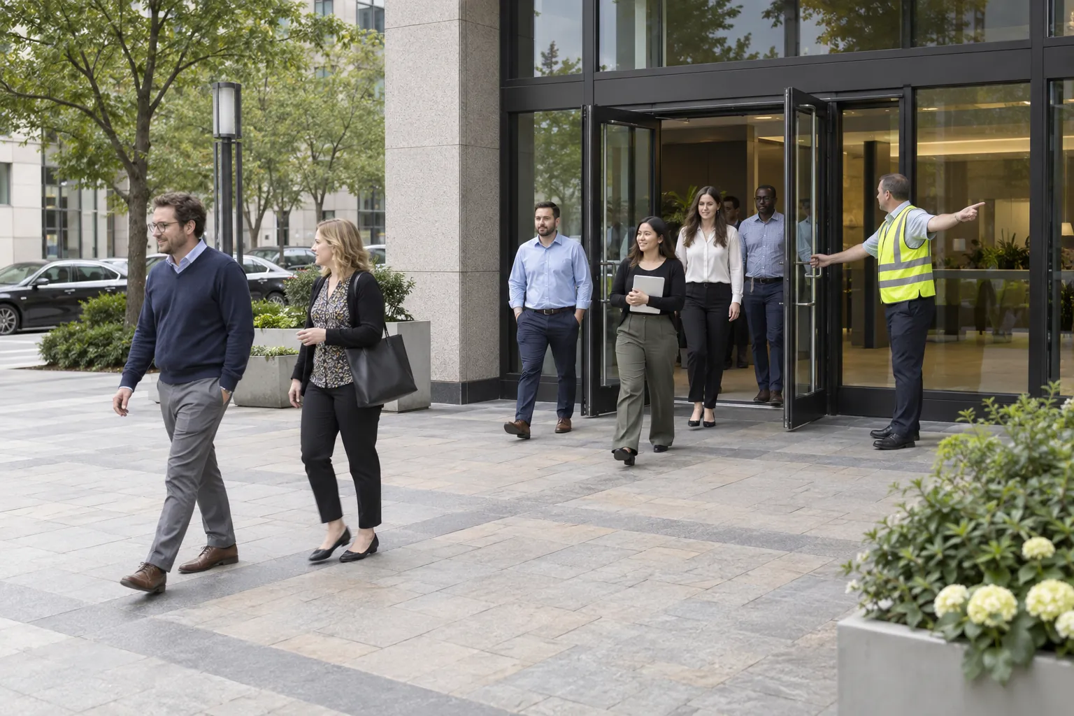 Office workers walking calmly out of a building's glass doors into a plaza while a warden in a high-visibility vest holds the door.