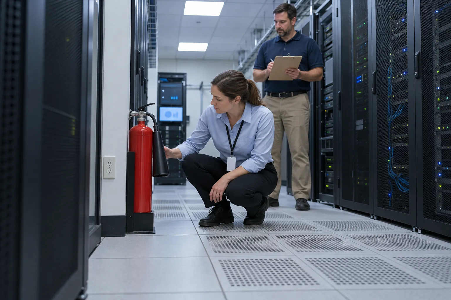A facility manager crouching beside a carbon dioxide extinguisher at the end of a server rack aisle while a colleague holds a clipboard.