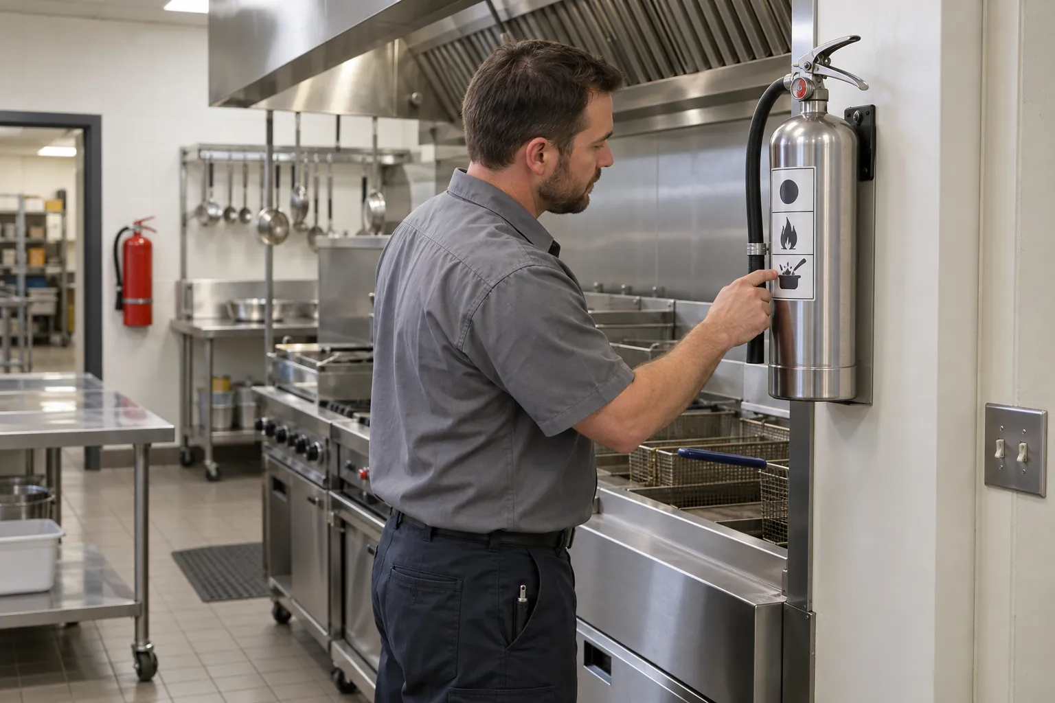 A facilities technician reading the label on a wall-mounted kitchen fire extinguisher beside the fryers in a school cafeteria kitchen.