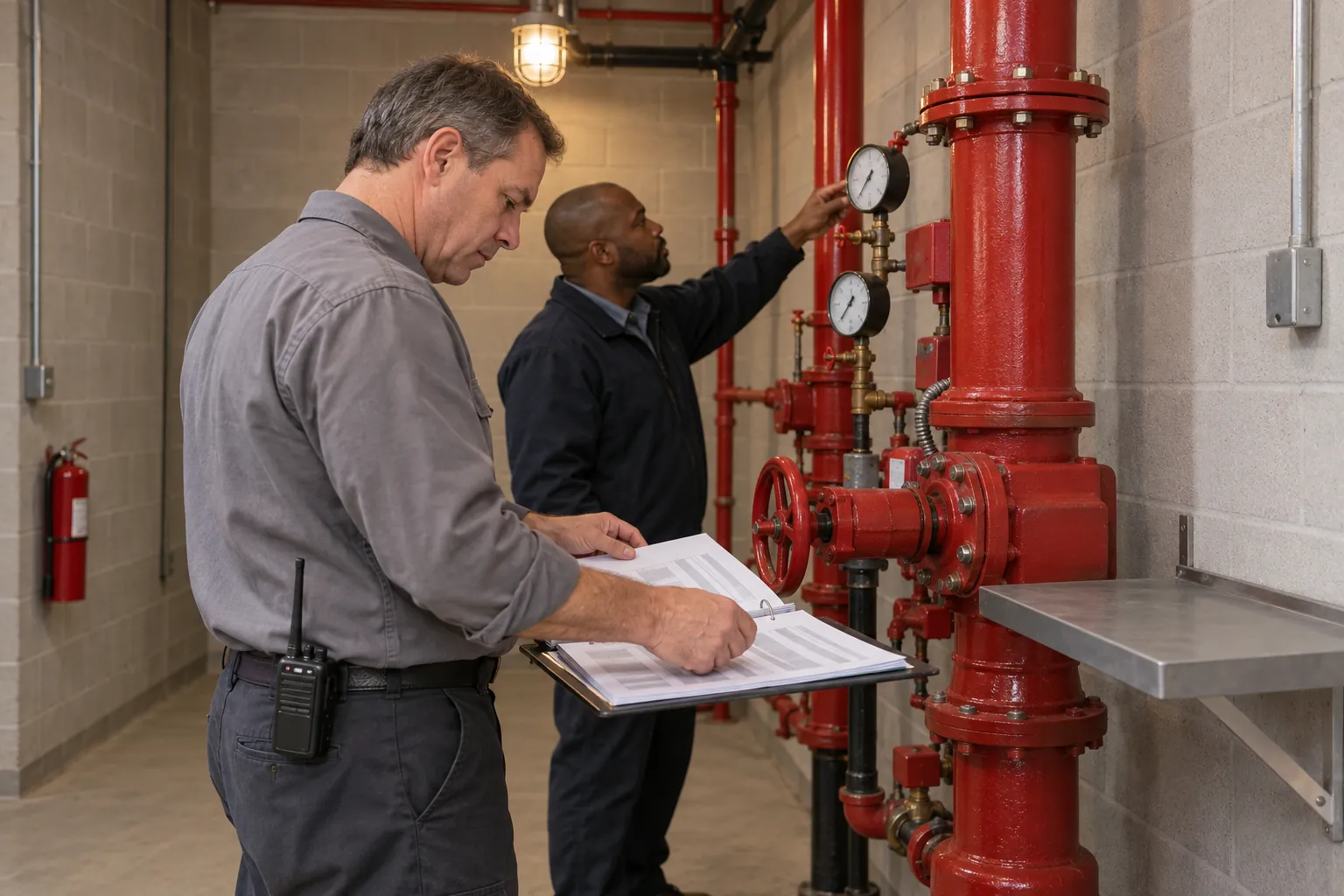 A building engineer reading a binder of service reports beside a red sprinkler riser while a colleague checks the gauges.