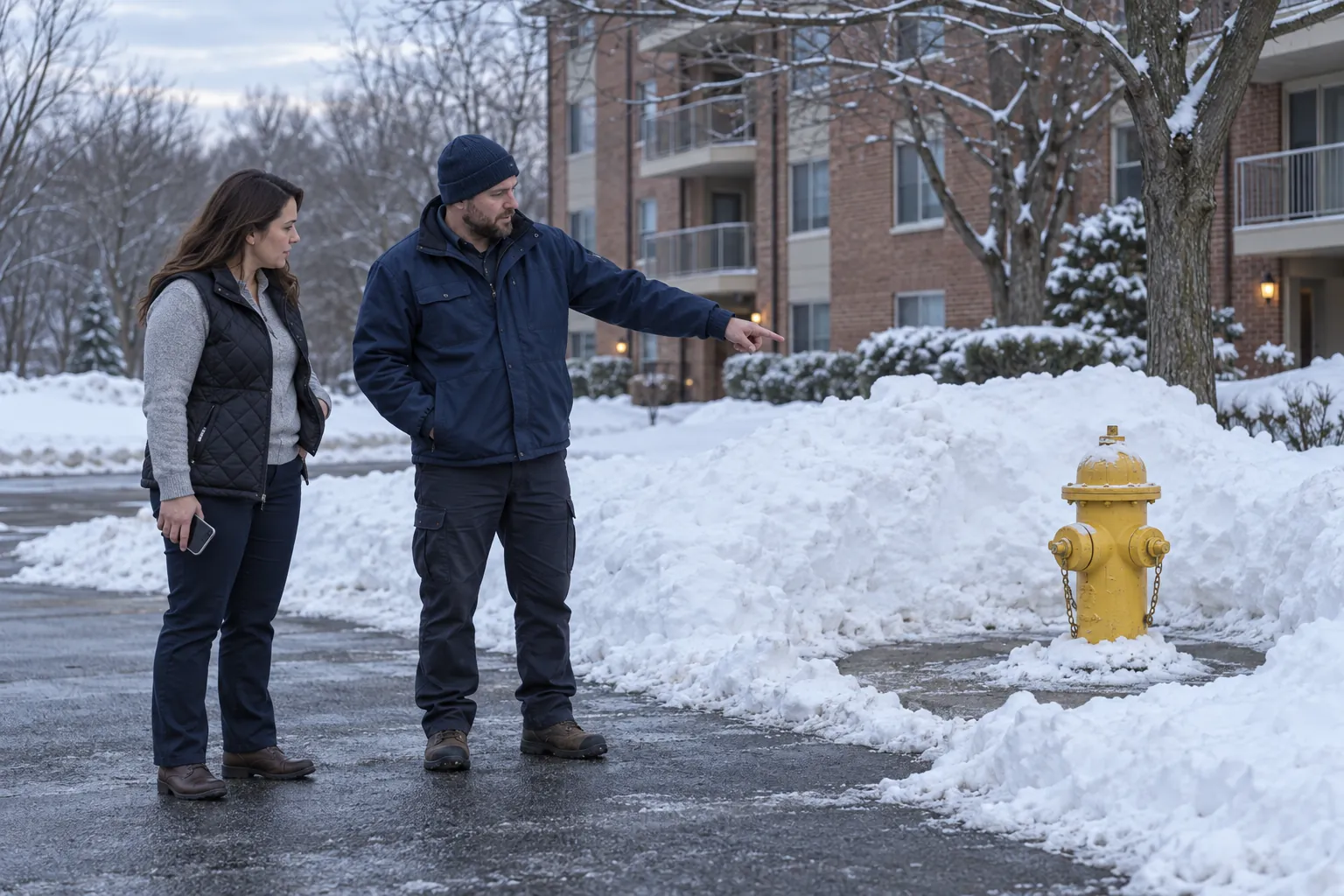 A property manager and a building engineer checking that snow has been kept clear of a fire hydrant beside an apartment complex drive.
