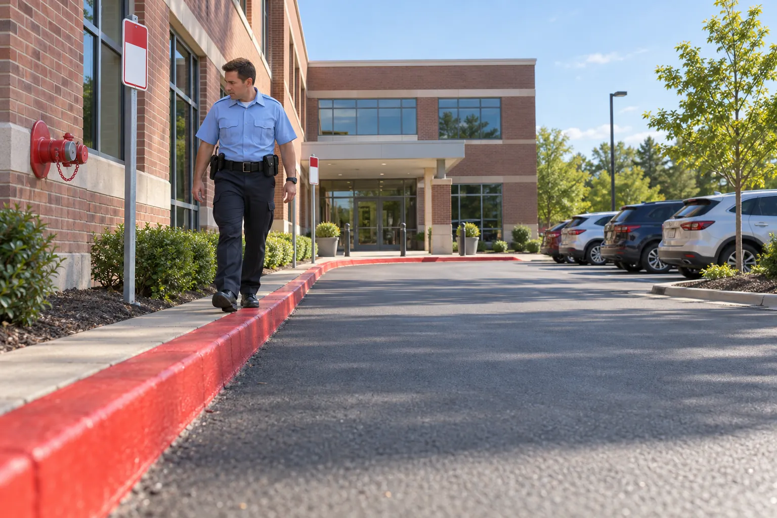 A security officer walking beside a red-painted curb along a clear fire lane outside a suburban office building.