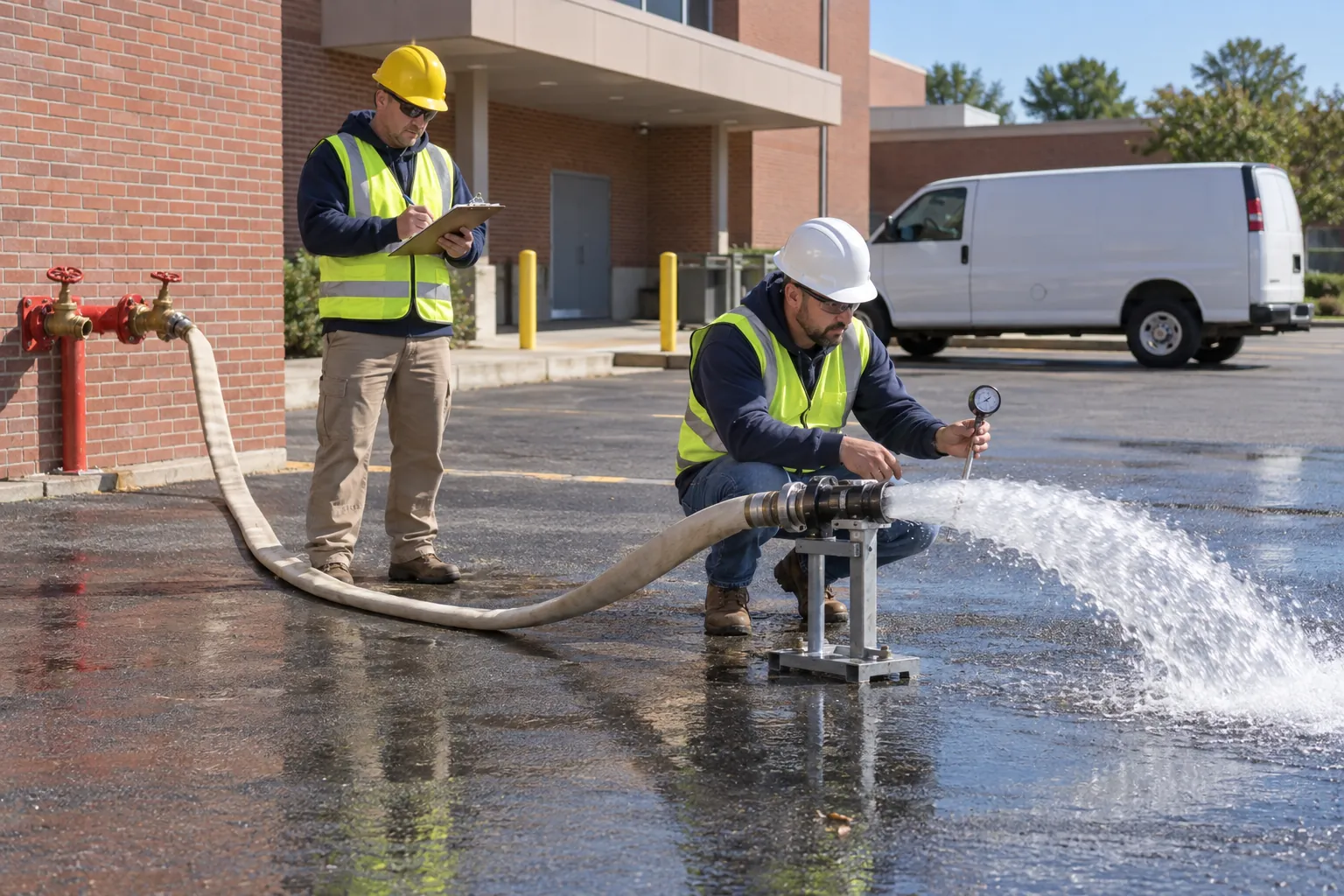 Two technicians measure a stream of water from a hose connected to a test header on a brick wall during a fire pump flow test.
