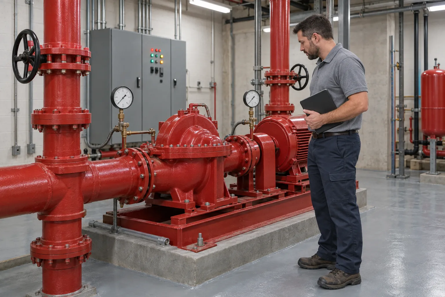 A building engineer reads the pressure gauges on a red fire pump in a basement pump room.