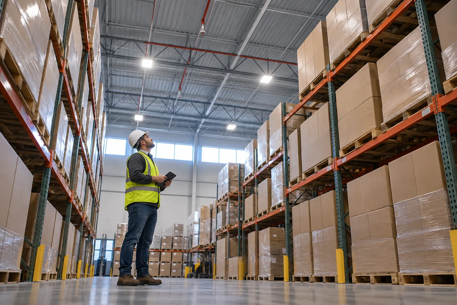 A technician looking up at ceiling sprinklers above pallet racking in a warehouse aisle.