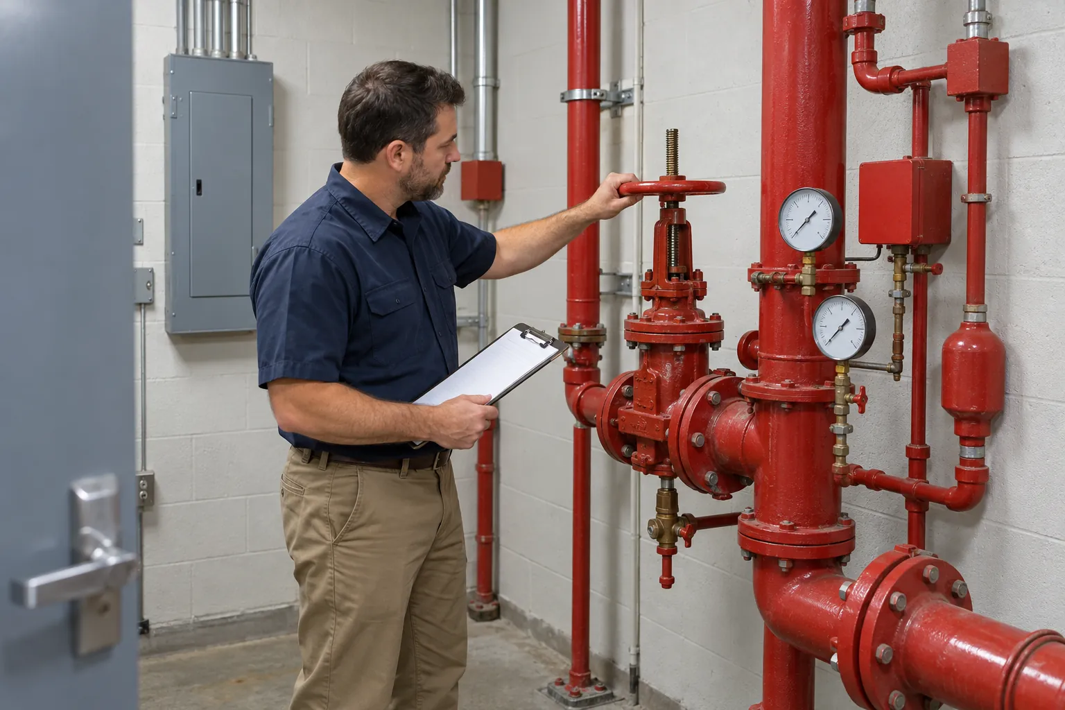 A building engineer checking the gauges on a red sprinkler riser in a fire riser room.