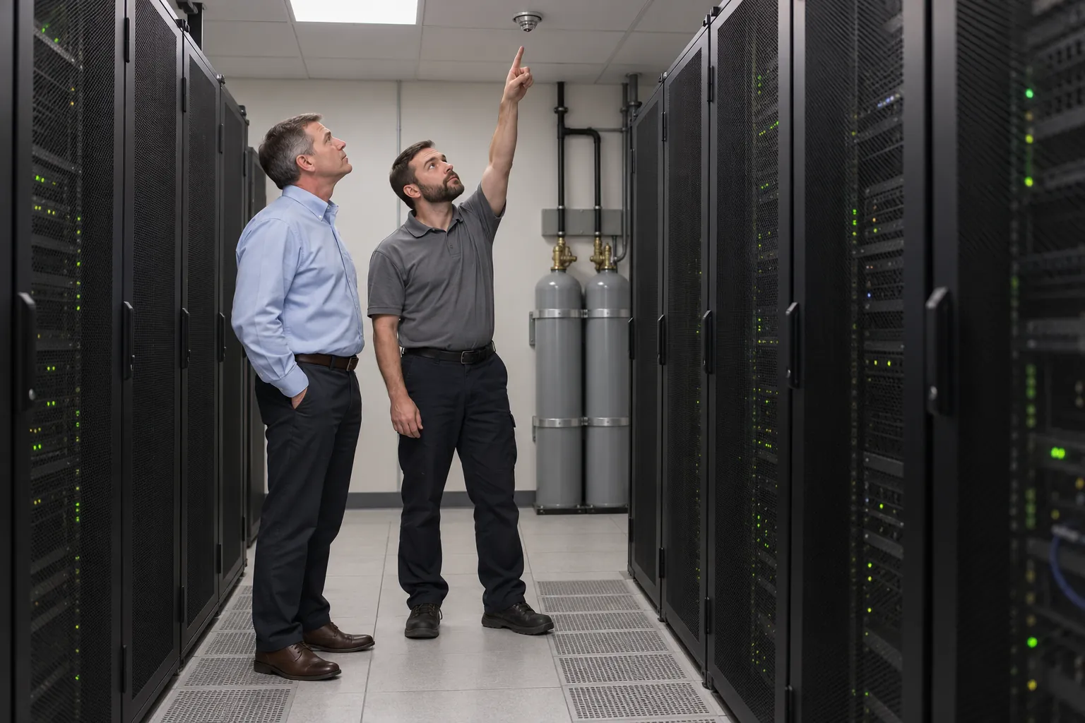A facility manager and a building engineer looking up at a ceiling nozzle in a server room aisle with gas cylinders on the end wall.