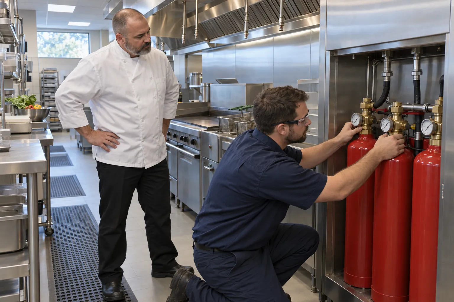 A fire protection technician checking the gauge on agent cylinders beside a cooking line while a kitchen manager watches.