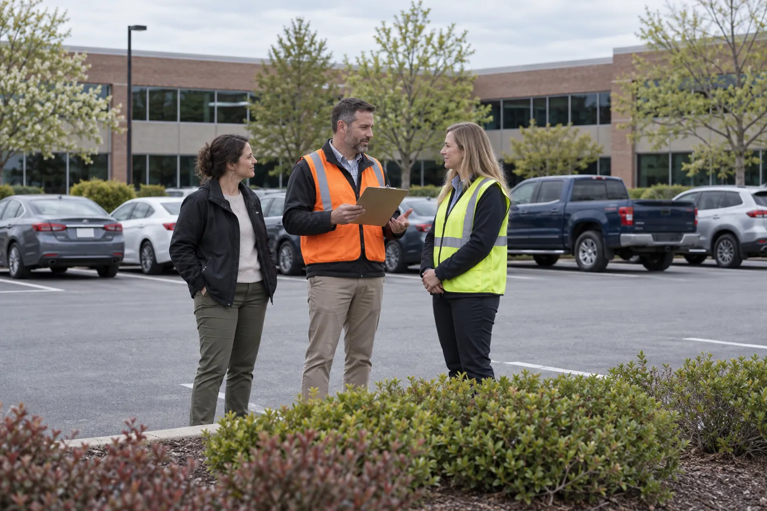 A fire warden with a clipboard reporting to a coordinator in a yellow vest at an assembly area at the edge of an office parking lot.