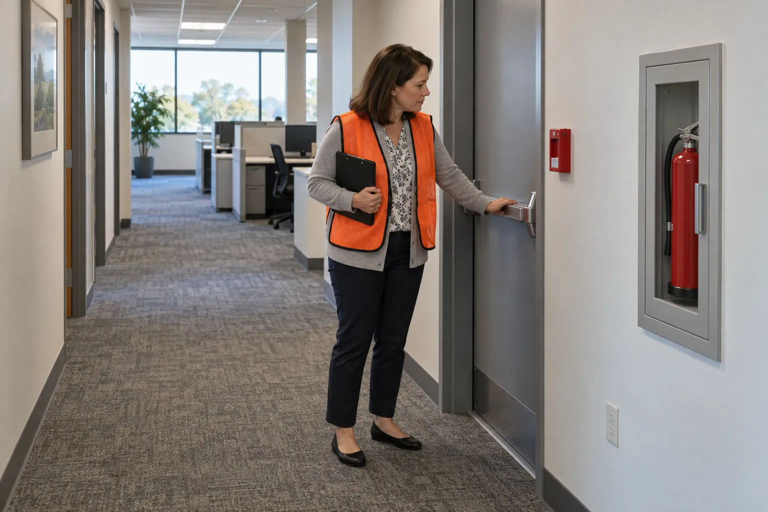 A floor warden in an orange safety vest checking that a stair door beside a red pull station and a lit exit sign is closed, in an empty office corridor.