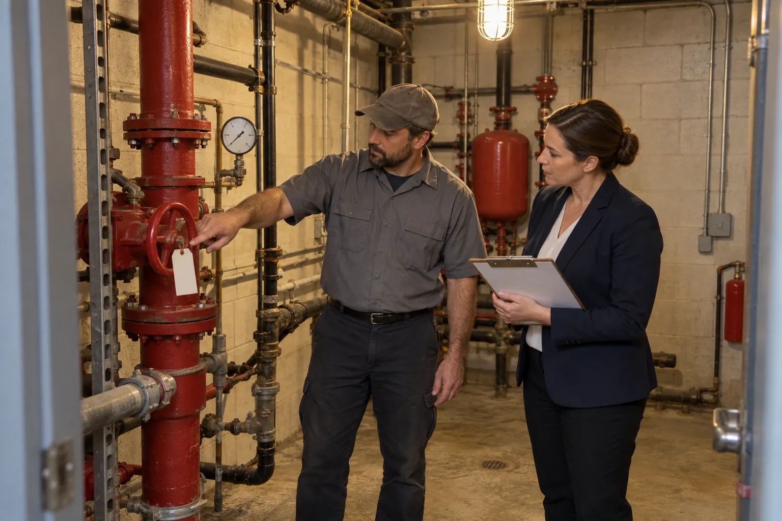 A building engineer pointing out a tagged, closed sprinkler control valve on a red riser to a supervisor with a clipboard in a basement riser room.