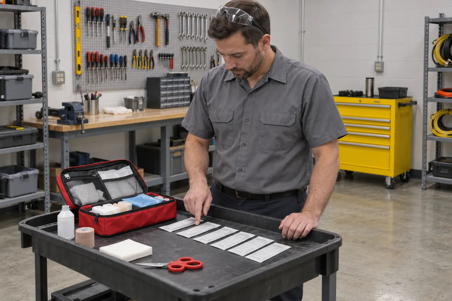 A maintenance technician checking the contents of an open first aid kit on a cart in an engineering shop.