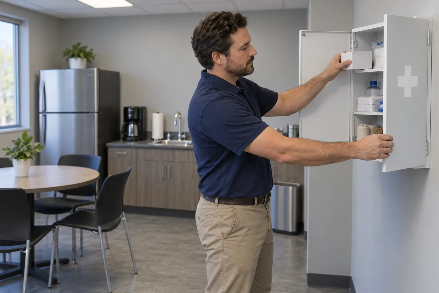 A facility coordinator restocking a wall-mounted first aid cabinet in an office breakroom.