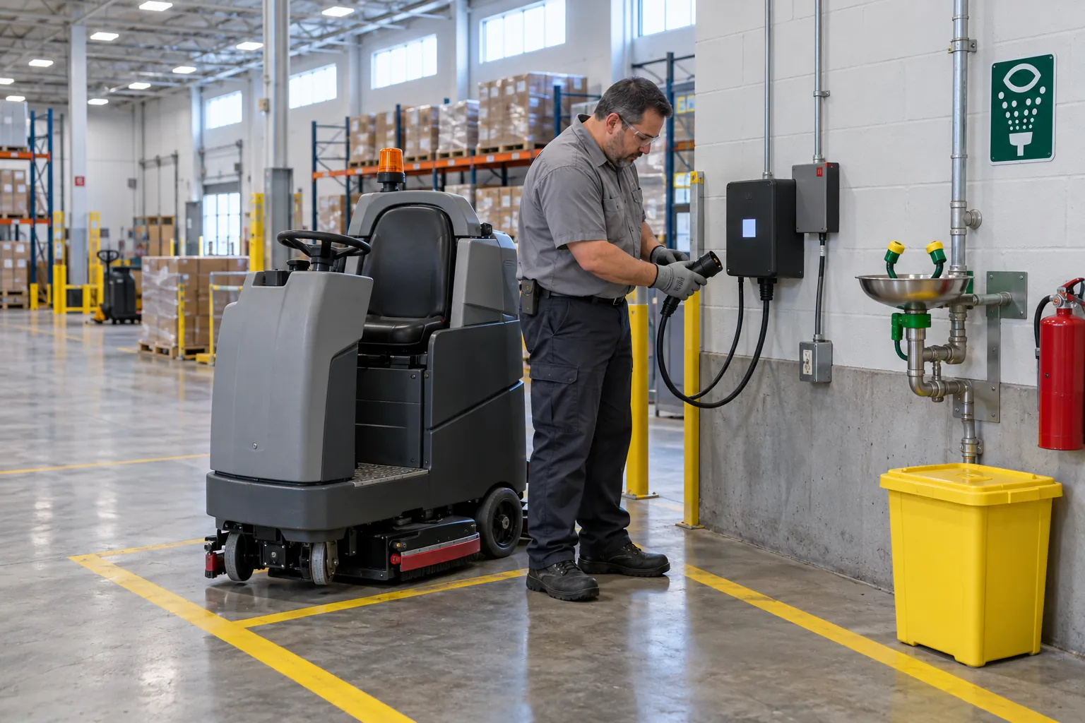 A crew lead in safety glasses checking the charger cable of a ride-on floor scrubber in a charging area with an eyewash station on the wall.